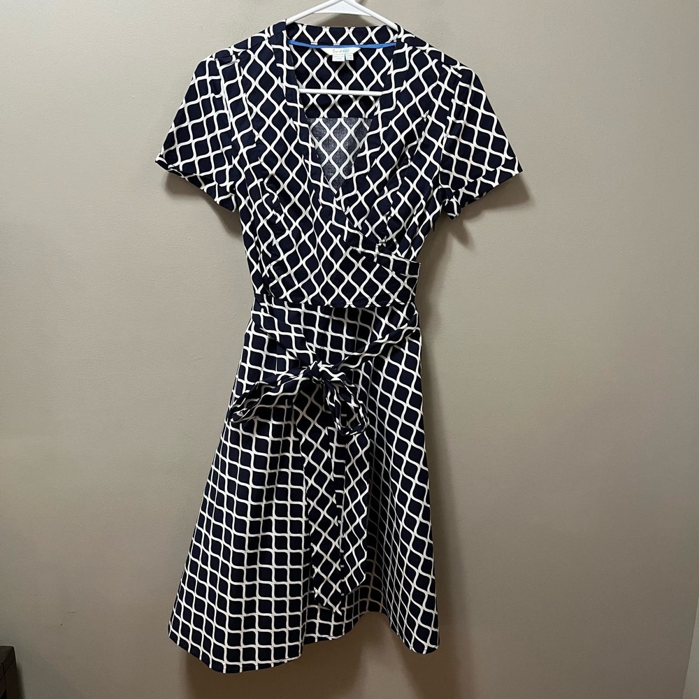 Boden Lara Navy & White Fixed Wrap Fit & Flare‎ Knee Length Dress US 4R UK 8R